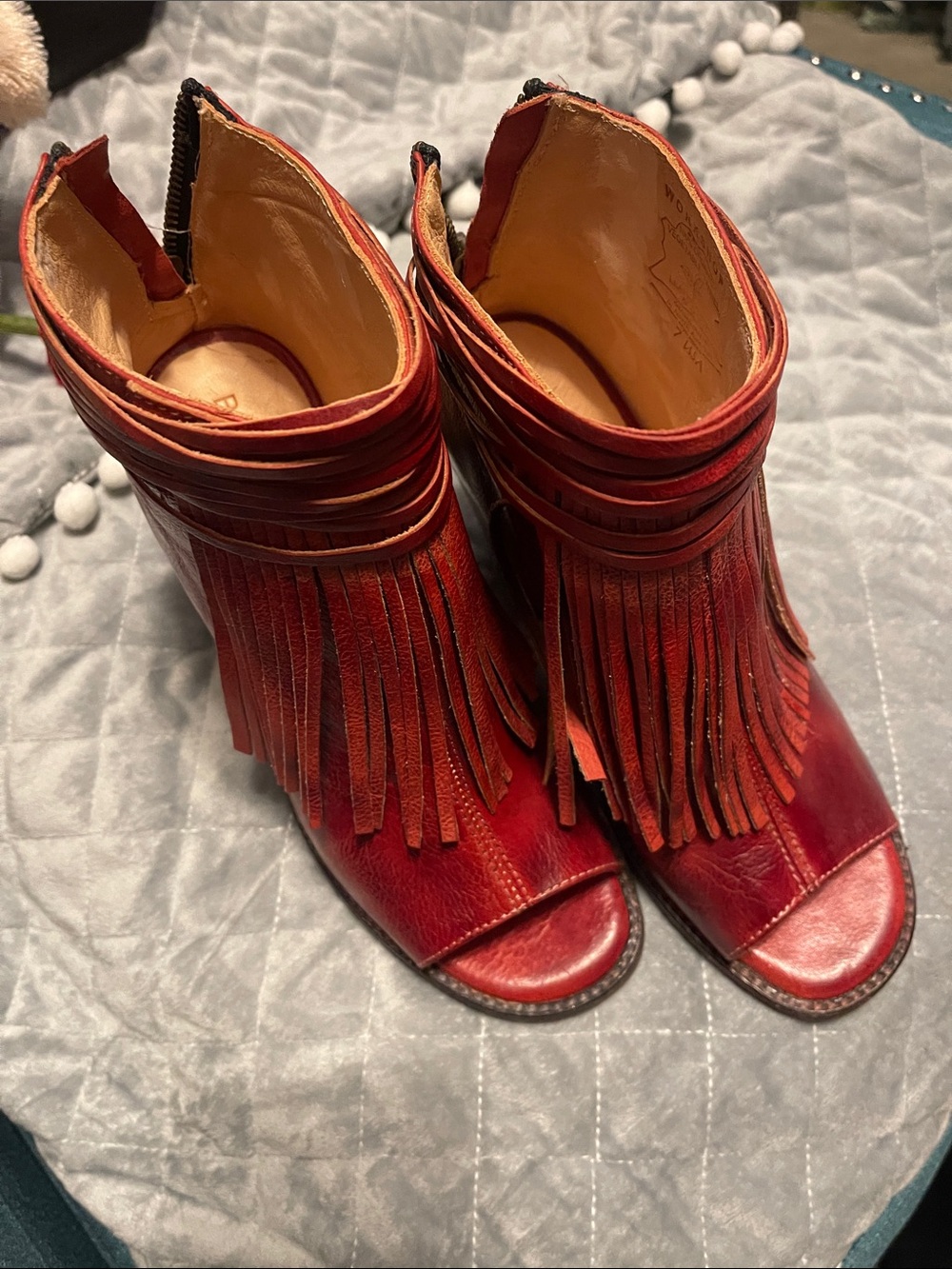 Bed Stu Red Leather Fringe Open-Toe Ankle Boots